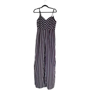 Thread Story Jumpsuit Women L Navy Blue Red Striped Wide Leg Coastal Resort